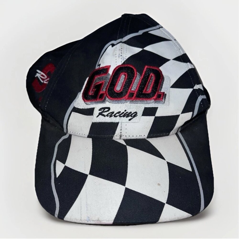 Vintage 90s Checkered Flag G.O.D. Racing Snapback Cap NASCAR #91 Riley Black